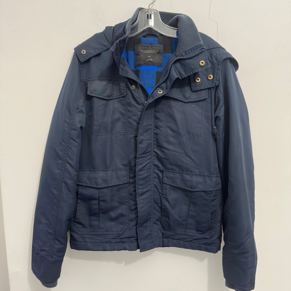 Aeropostale Field Jacket Navy Blue Buffalo Plaid Lined Size S Y2K Utility